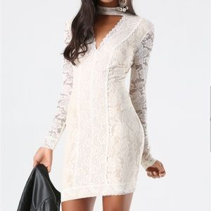BEBE Lace Panel Mock Neck Dress